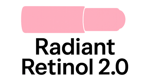 Pink retinol bottle with 'Radiant Retinol 2.0' text on a white background
